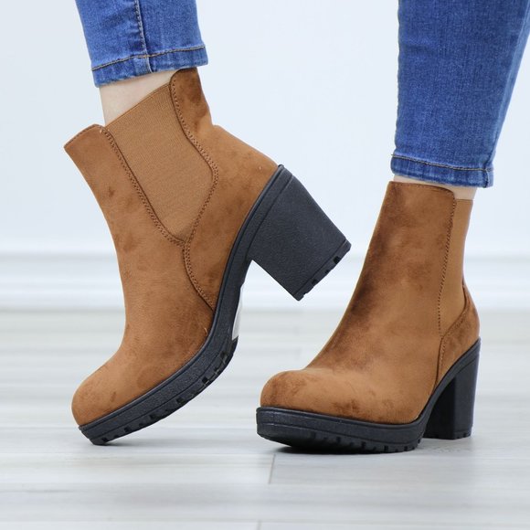 Chelsea Chunky Block High Heel Above Ankle Boots Brown Synthetic Suede - Picture 11 of 12